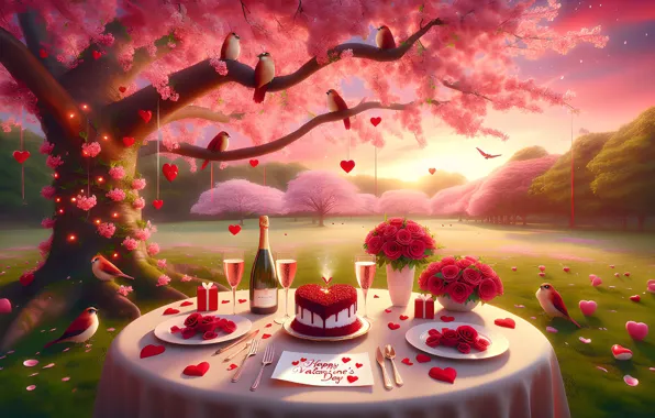 Love, birds, nature, table, holiday, wine, glade, heart