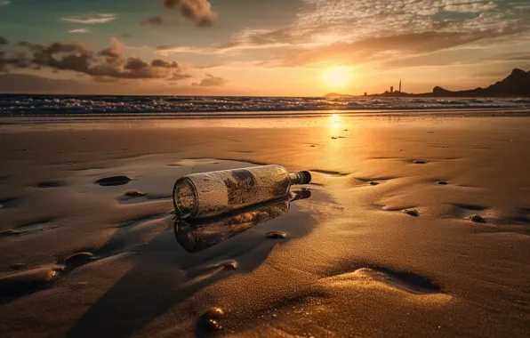 Sand, sea, beach, the sky, the sun, clouds, sunset, bottle