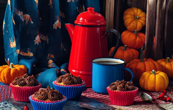 Kettle, mug, pumpkin, still life, box, cupcakes, coffee pot