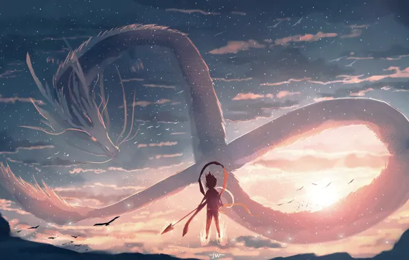 The sky, fire, boy, fantasy, drakon