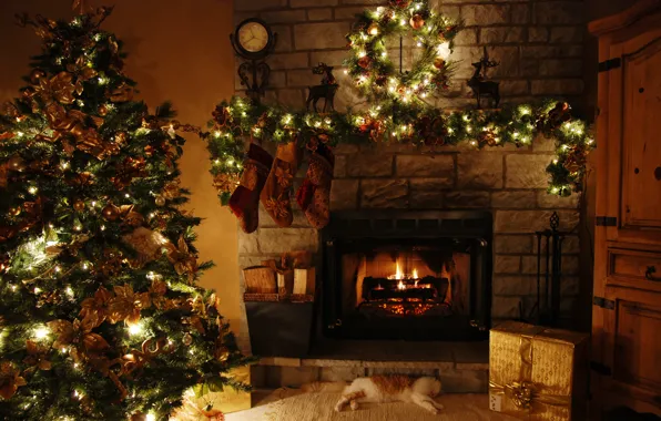 Picture decoration, house, holiday, tree, fireplace
