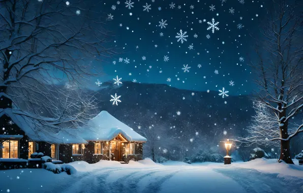 Winter, snow, night, house, Christmas, hut, New year, house