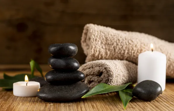 Leaves, pebbles, stones, background, towel, candles, stack, towels