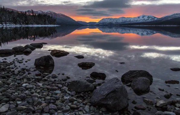 Picture winter, forest, snow, trees, sunset, mountains, lake, stones