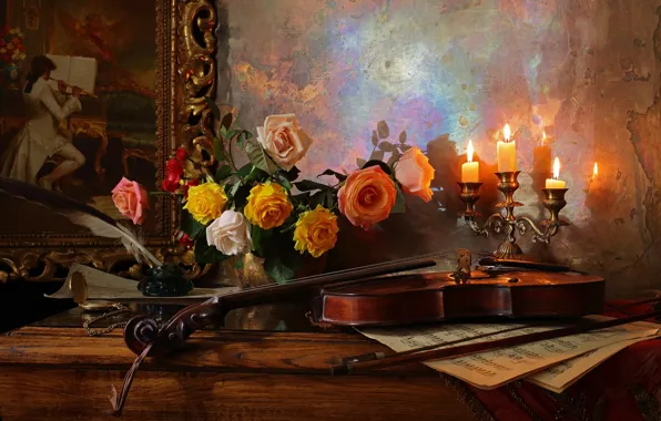 Flowers, notes, pen, violin, roses, picture, candles, vase