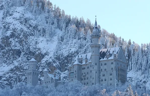 Winter, frost, forest, the sky, snow, mountains, castle, rocks