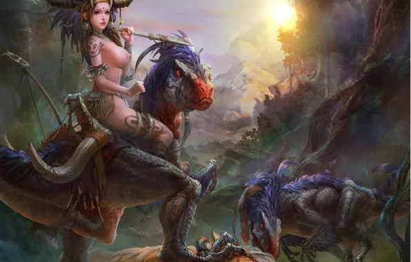 Girl, birds, weapons, predators, tattoo, art, dinosaurs, savage