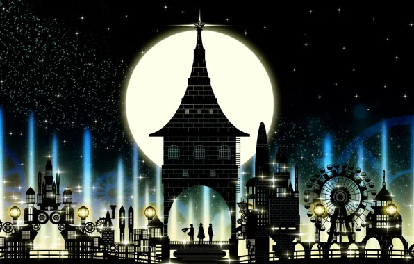 Picture night, the city, art, Ferris wheel, silhouettes of people, Miyuki Harada