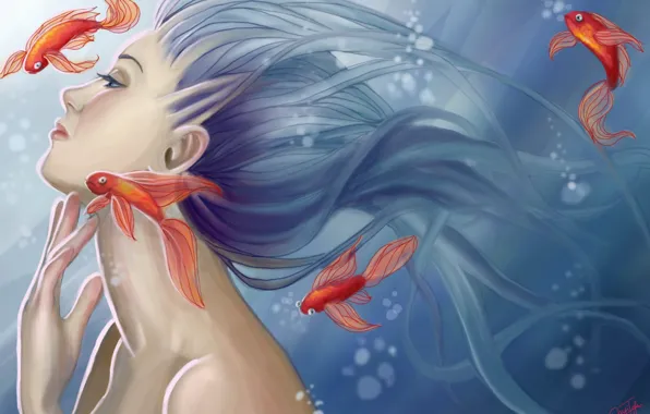 Picture look, water, fish, bubbles, mermaid, art, profile