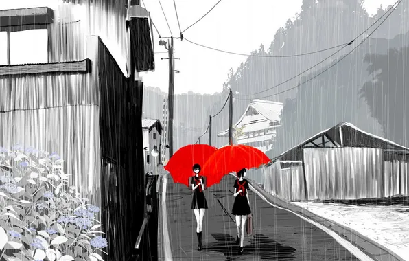 Girls, street, anime, umbrellas