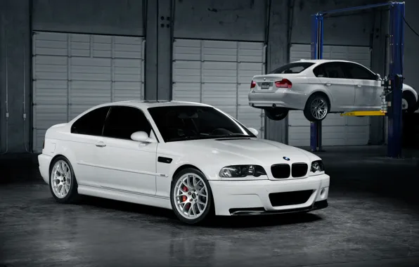 White, bmw, BMW, white, workshop, lift, e46