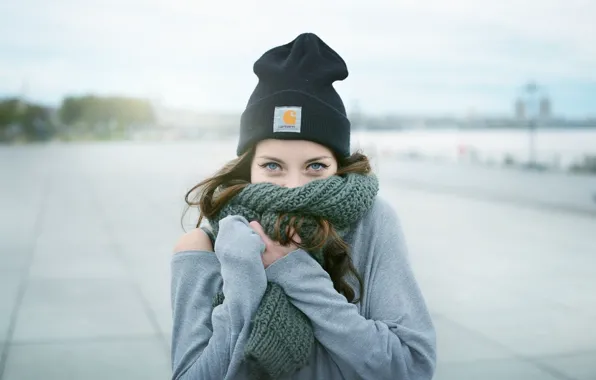 Picture look, hat, Girl, scarf, brown hair