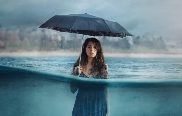 Water, girl, rain, the situation, umbrella