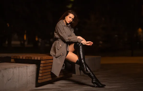 Picture girl, bench, pose, boots, legs, cloak, Dmitry Shulgin