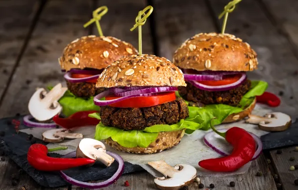 Mushrooms, bow, pepper, hamburger, roll, salad