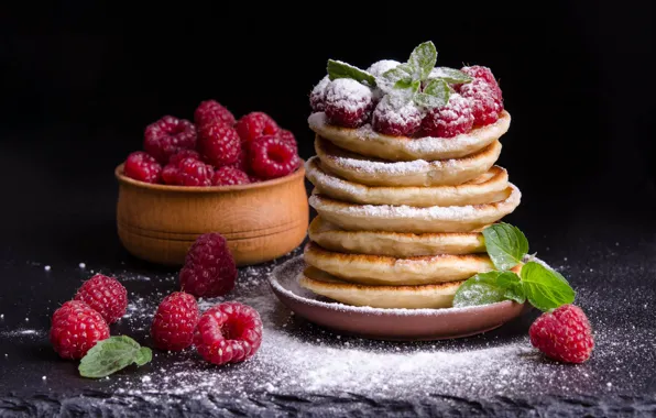 Berries, raspberry, pancakes, mint, powdered sugar