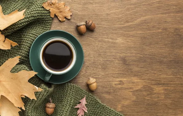 Picture autumn, comfort, heat, Board, coffee, scarf, Cup, autumn leaves