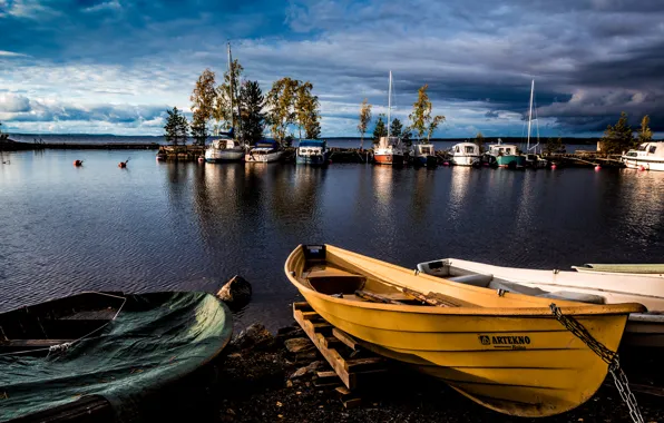 The sky, trees, clouds, lake, boat, harbour