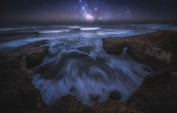 Sea, wave, the sky, stars, night, stones, rocks, shore