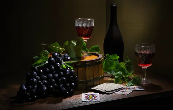 Card, style, wine, bottle, glasses, grapes, bunch, still life