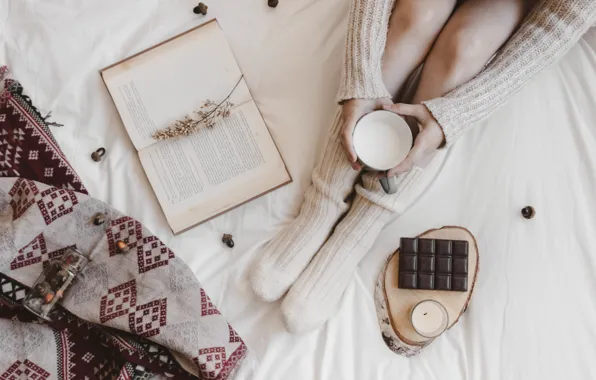 Chocolate, morning, milk, book, woman, Chocolate, Breakfast in bed