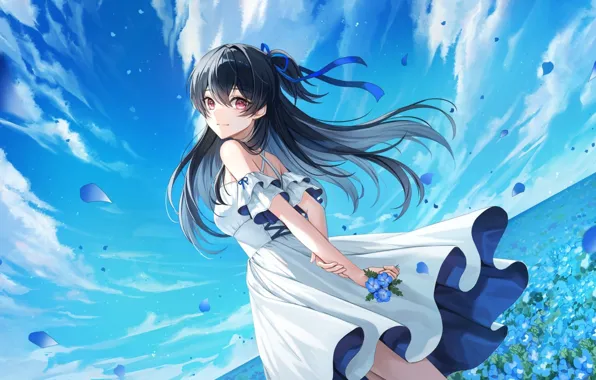 Flowers, smile, beauty, positive, anime, brunette, smile, anime