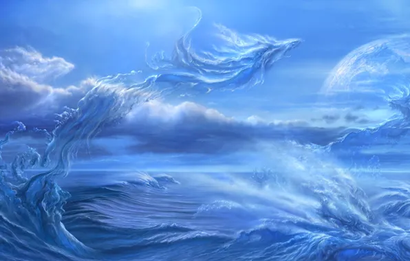 Picture sea, wave, squirt, planet, satellite, dragons, art, ucchiey