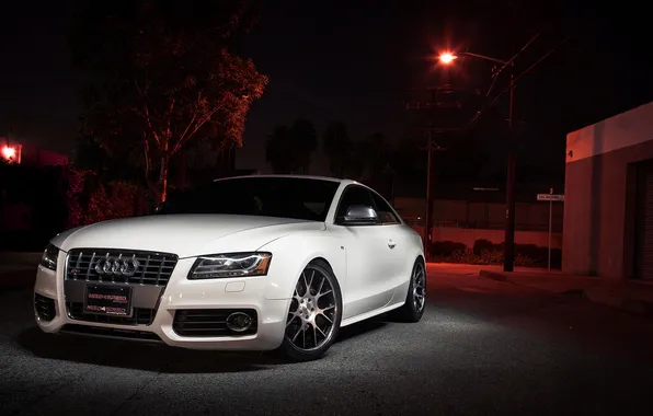 White, night, Audi, tuning, coupe, garage, lights, the front