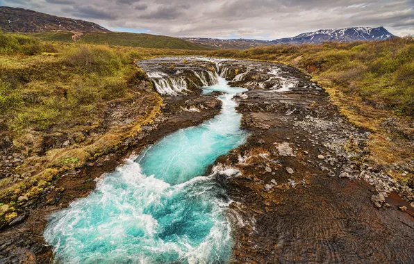 Grass, mountains, river, stream, Iceland