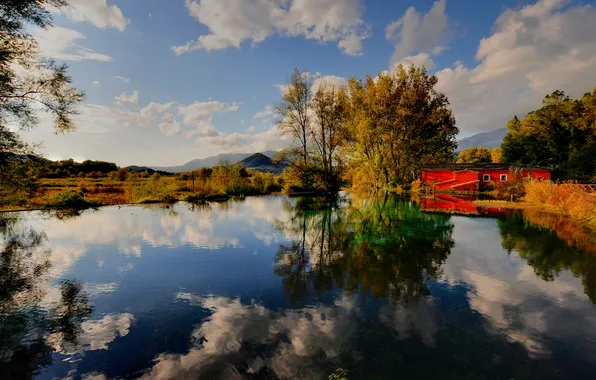 Autumn, trees, lake, home, cloud. reflection