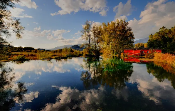 Autumn, trees, lake, house, cloud. reflection