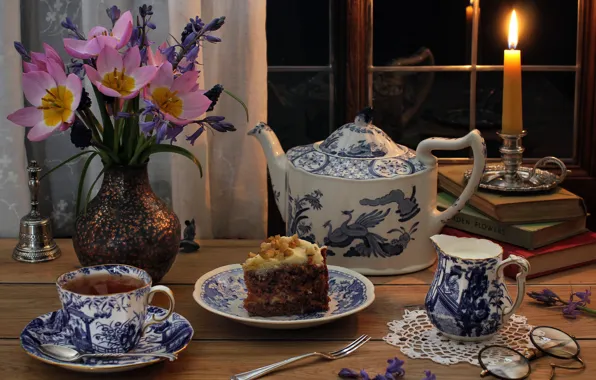 Flowers, style, books, candle, glasses, the tea party, tulips, cake