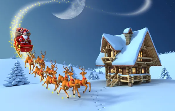 Snow, the moon, tree, new year, Christmas, gifts, moon, christmas