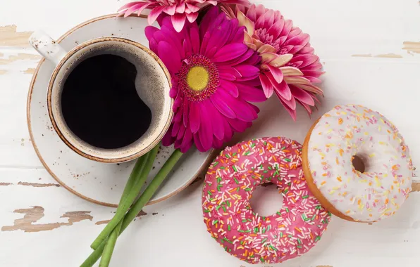 Flowers, donuts, gerbera, wood, pink, flowers, coffee cup, with love