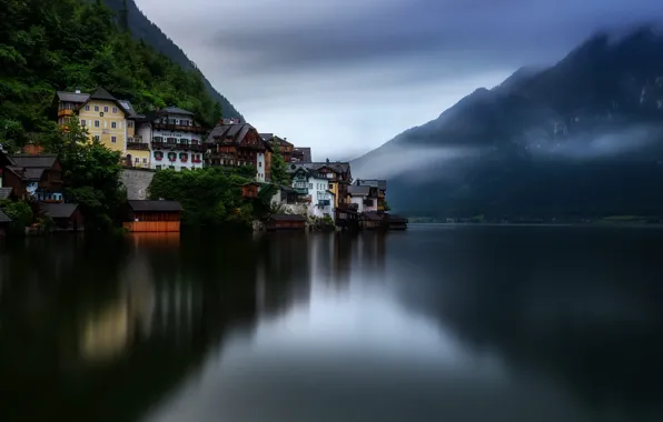Mountains, home, Austria, pond, Hallstatt