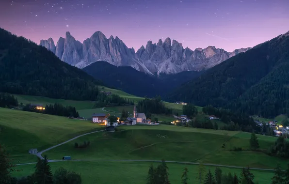 Field, mountains, night, hills, the slopes, Alps, houses, twilight