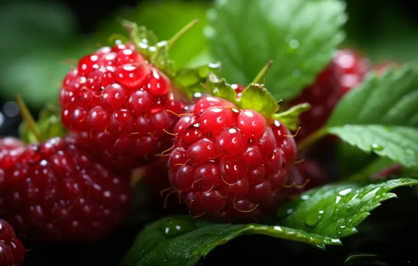 Leaves, drops, macro, berries, raspberry, juicy, AI art, neural network