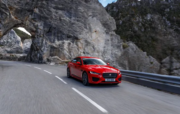 Red, rock, Jaguar, the fence, arch, mountain road, 2020, Jaguar XE