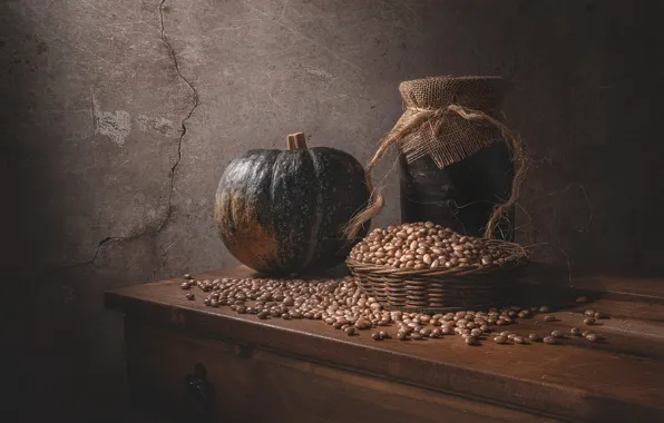 Table, wall, food, pumpkin, still life, placer, vegetables, composition