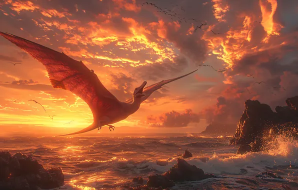 Clouds, Sea, Wave, Flight, Dawn, Wings, Dinosaur, Coast