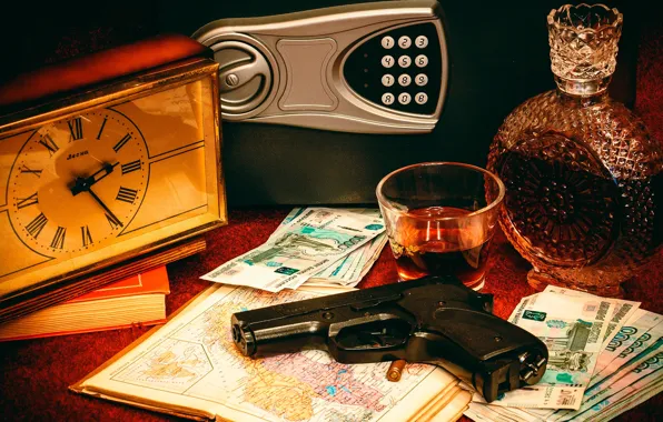 Gun, table, watch, books, bottle, money, cartridge, stack