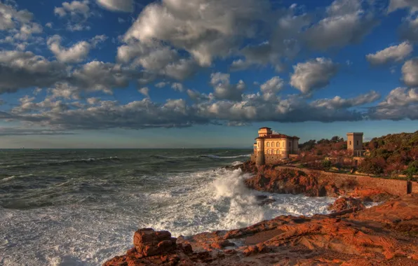 The sky, clouds, the city, castle, coast, HDR, Italy, Boccale Castle Livorno