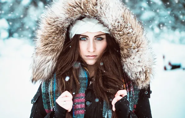 Picture winter, girl, snow, hair, the hood, scarf, lips, direct look
