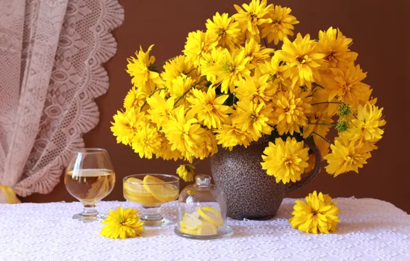 Picture yellow, lemon, glass, bouquet, rudbeckia