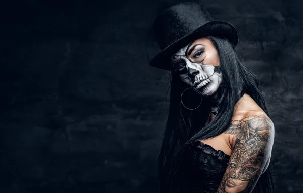 Picture sake, pose, female, makeup, black hat, day of the dead
