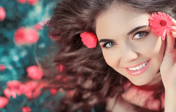 Picture eyes, girl, flowers, face, smile, mood, hair, makeup