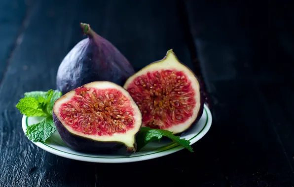 Leaves, Board, plate, fruit, mint, figs
