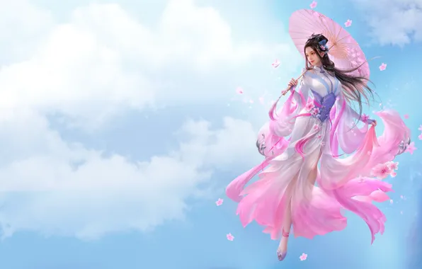 Girl, clouds, umbrella, the game, art, fantasy
