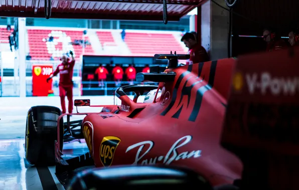 Car, Ferrari, sport, box, Formula 1, tyres, men, Sebastian Vettel