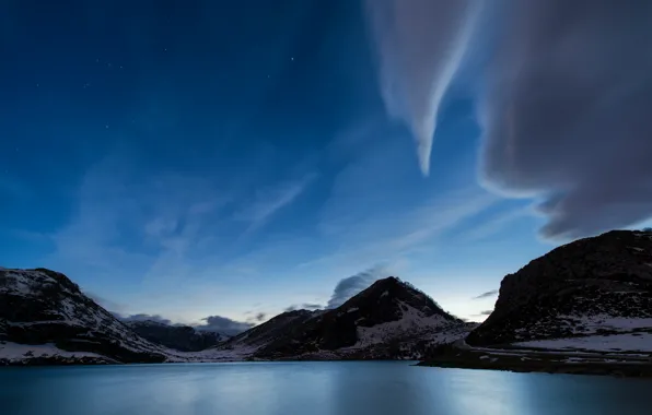 The sky, clouds, snow, mountains, blue, Bay, twilight, blue